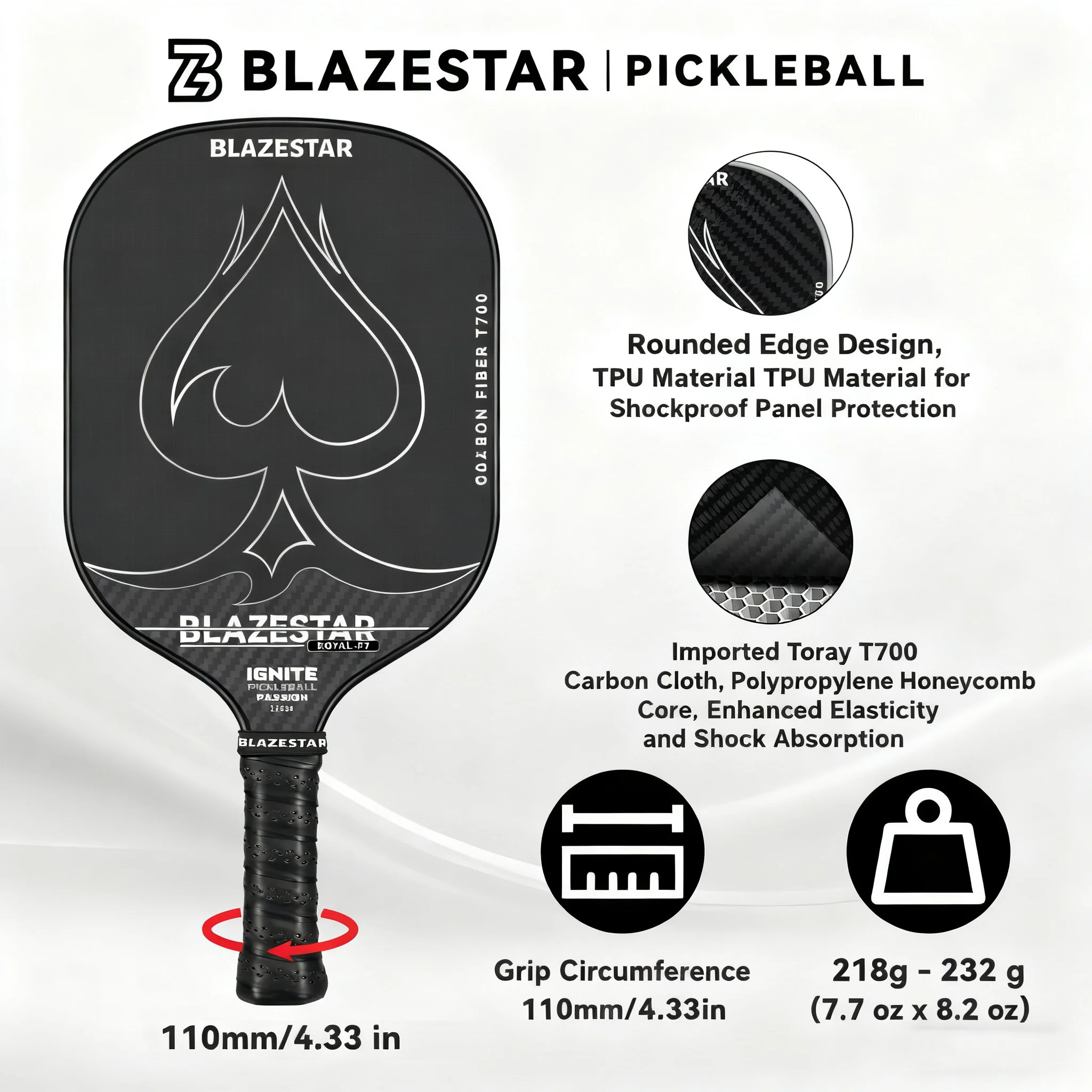 BLAZESTAR Professional ROYAL-F7 Pickleball Paddle T700 Carbon Fiber Matte Control Paddle - Image 2
