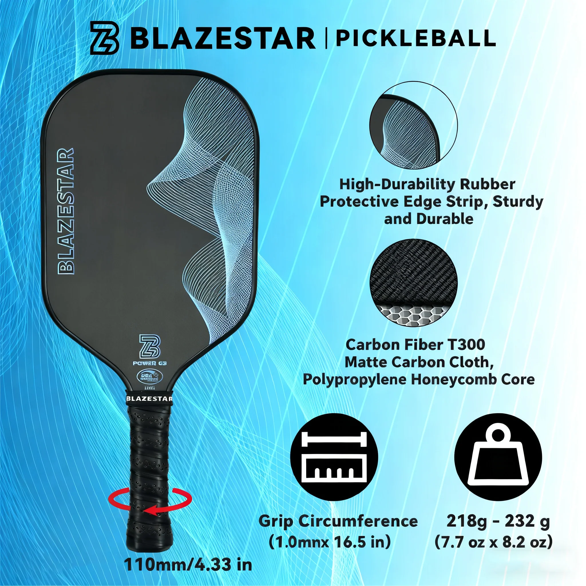 BLAZESTAR T300 Carbon Fiber Pickleball Paddle – Professional Tournament & Training Paddle - Image 2