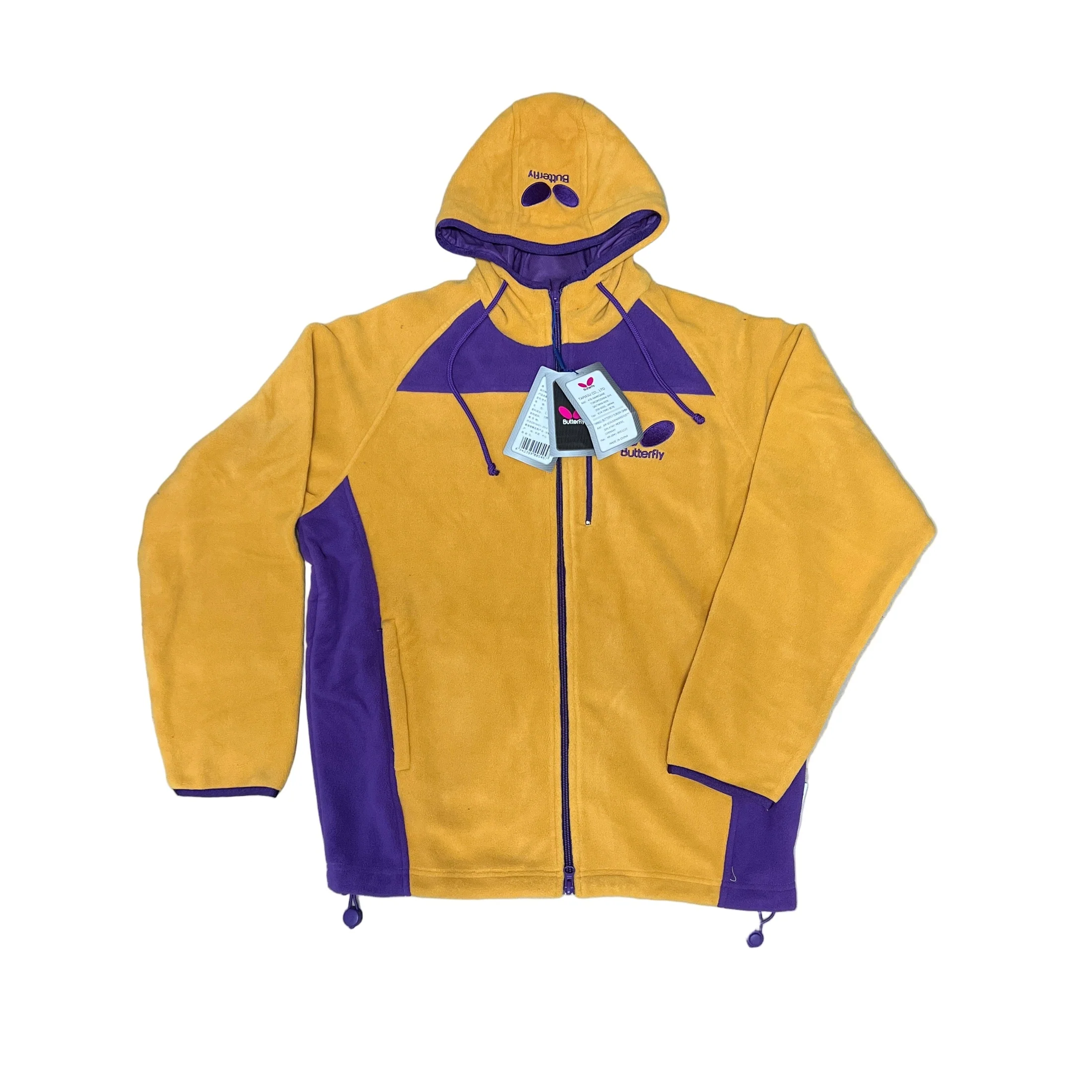 Butterfly Fleece Ping Pong Jacket – Yellow & Purple Classic Hooded Windbreaker with Embroidered Logo 0615