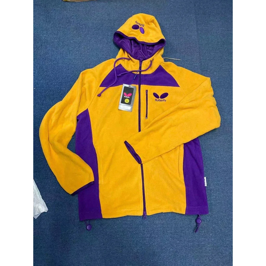 Butterfly Fleece Ping Pong Jacket – Yellow & Purple Classic Hooded Windbreaker with Embroidered Logo 0615 - Image 2