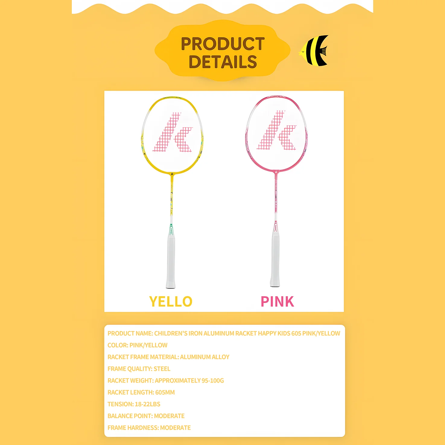 Kawasaki Happy Kids Badminton Racket Set Model 605. pink/yellow - Image 2