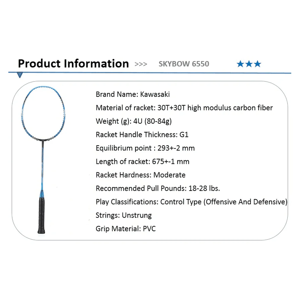 Kawasaki Skybow 6550 Badminton Racket 83g max 28lbs - Image 4