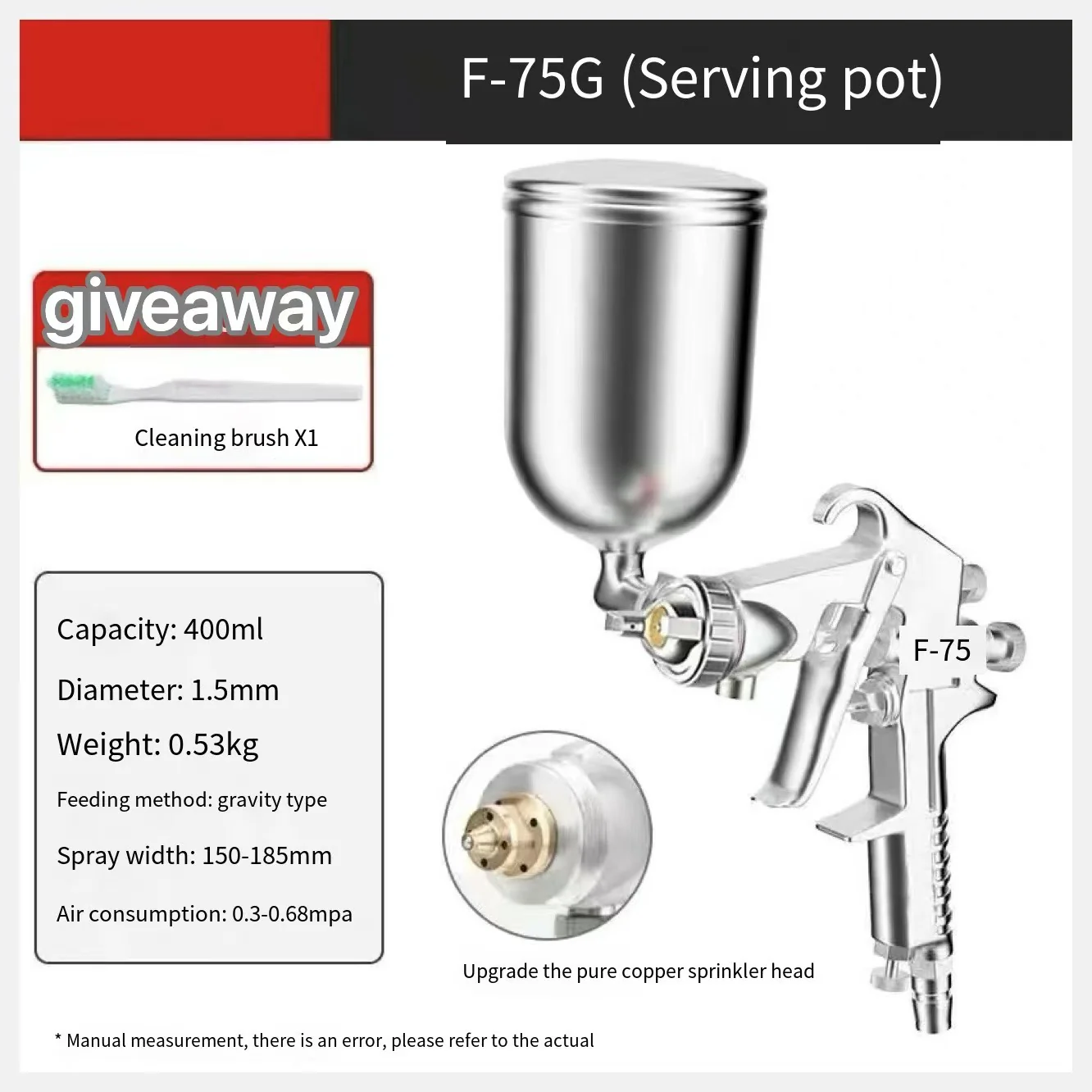 Pneumatic Paint Spray Gun – 400ml Top Cup, High Atomization, Model F75G - Image 8