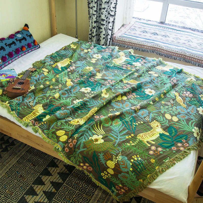 Pure Cotton Double-Sided Blanket - Bedroom Sheets Pastoral Style Air Conditioning Blanket Forest Pattern Nap Blanket
