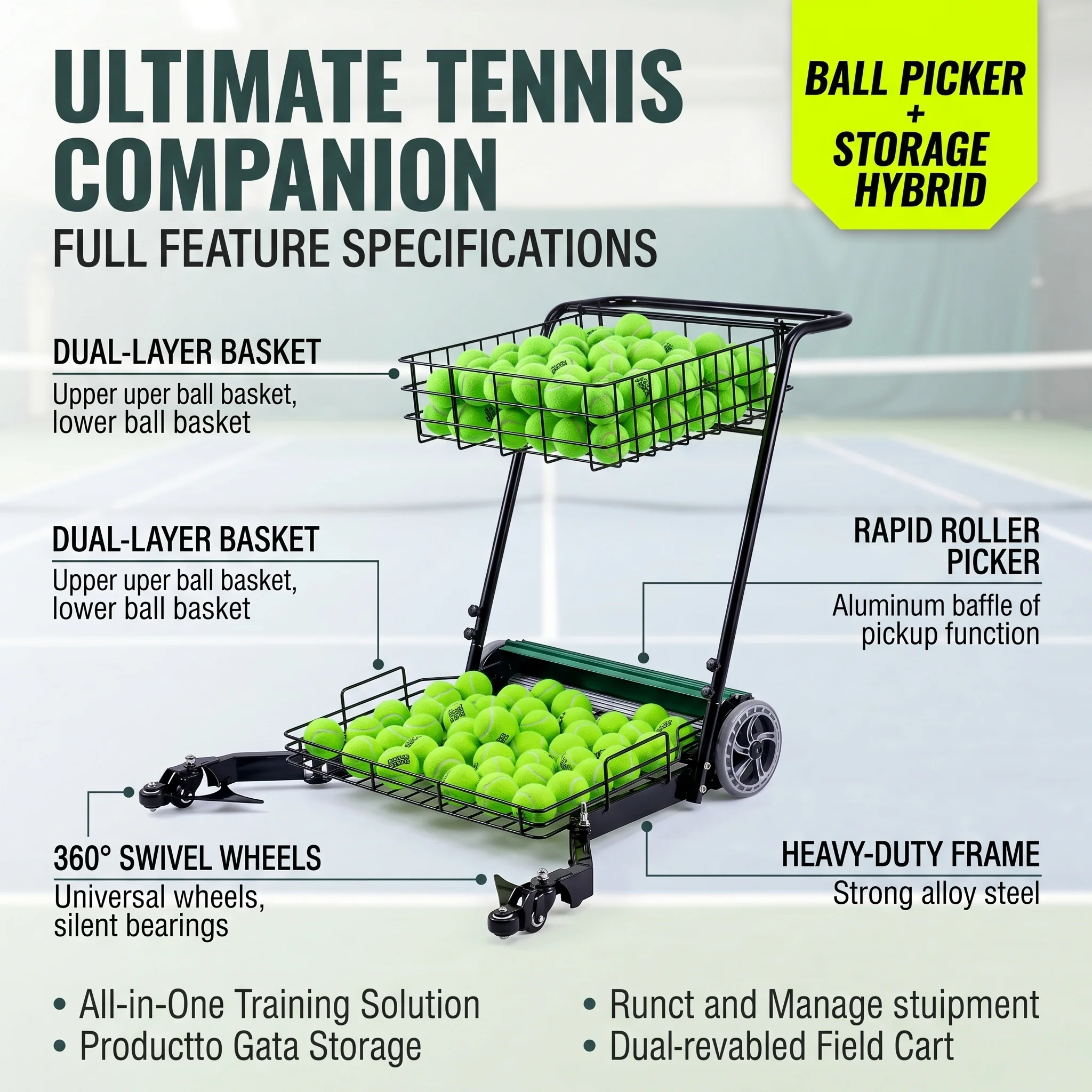 SIBOASI Practical Tennis Ball Mower Efficient Sports Ball Collector For Court Training Use SS-S705T