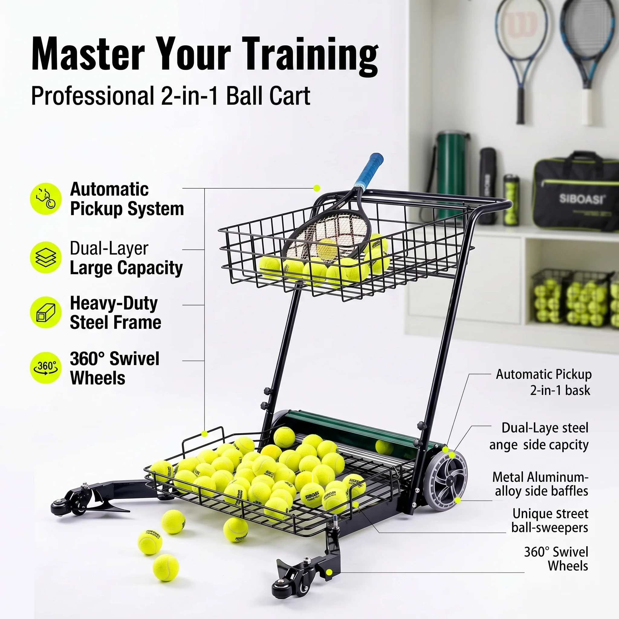 SIBOASI Practical Tennis Ball Mower Efficient Sports Ball Collector For Court Training Use SS-S705T - Image 2