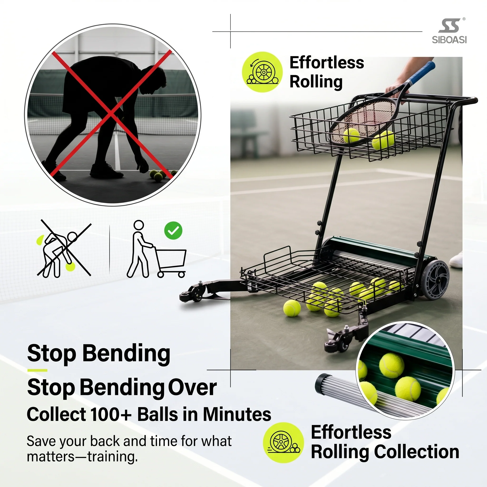 SIBOASI Practical Tennis Ball Mower Efficient Sports Ball Collector For Court Training Use SS-S705T - Image 3