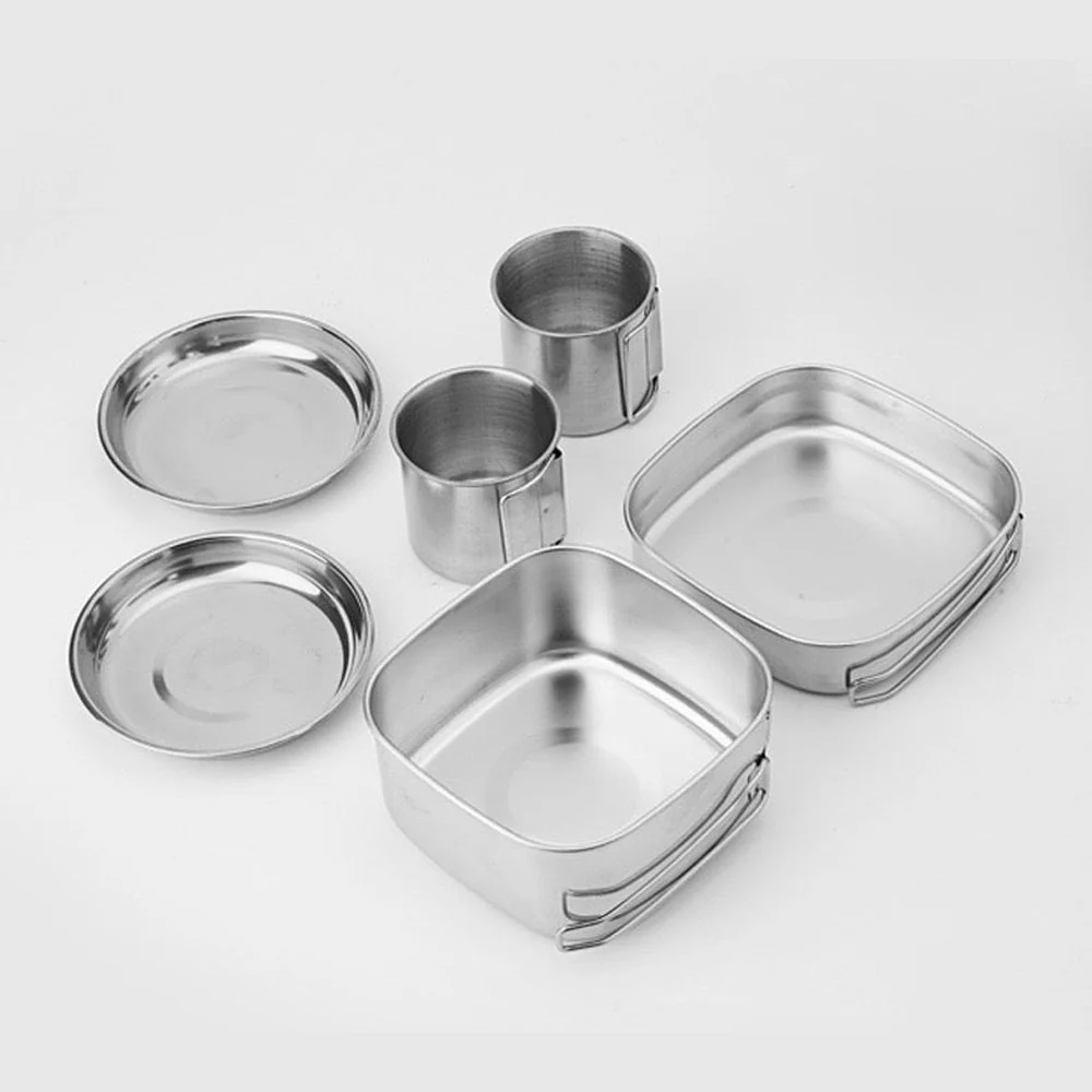 Six Pieces Stainless Steel Lunch Box Set Camping Pan Set CW-304 Portable Comes With Storage Bag
