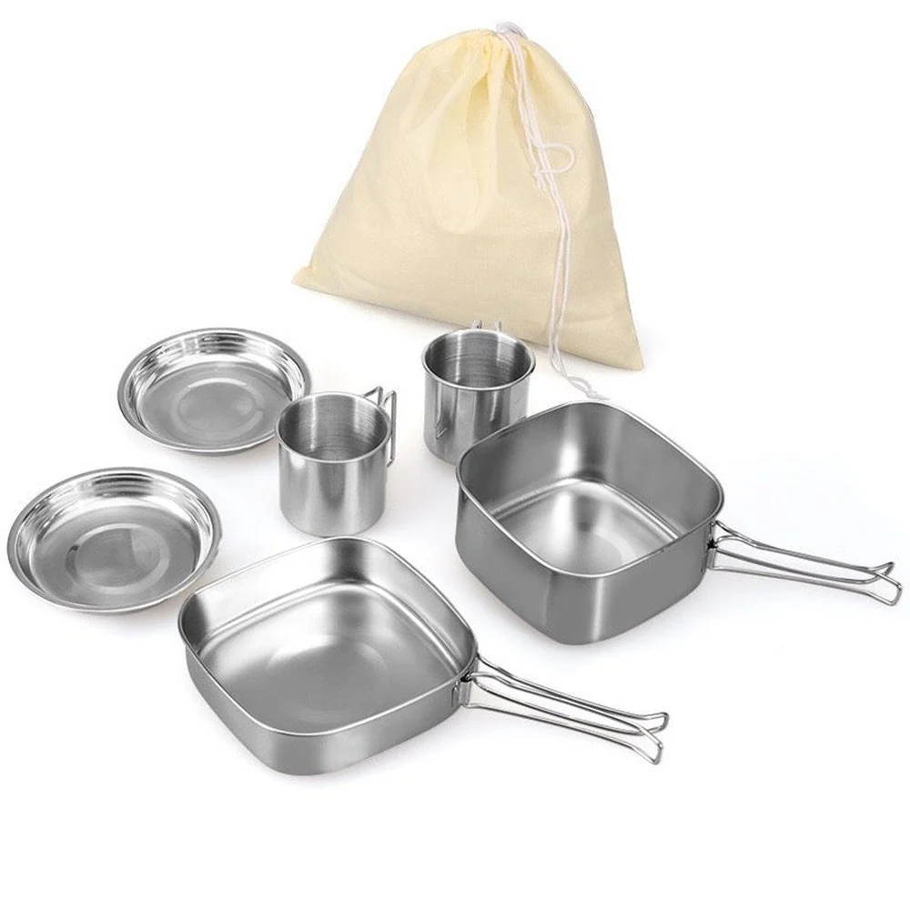 Six Pieces Stainless Steel Lunch Box Set Camping Pan Set CW-304 Portable Comes With Storage Bag - Image 2