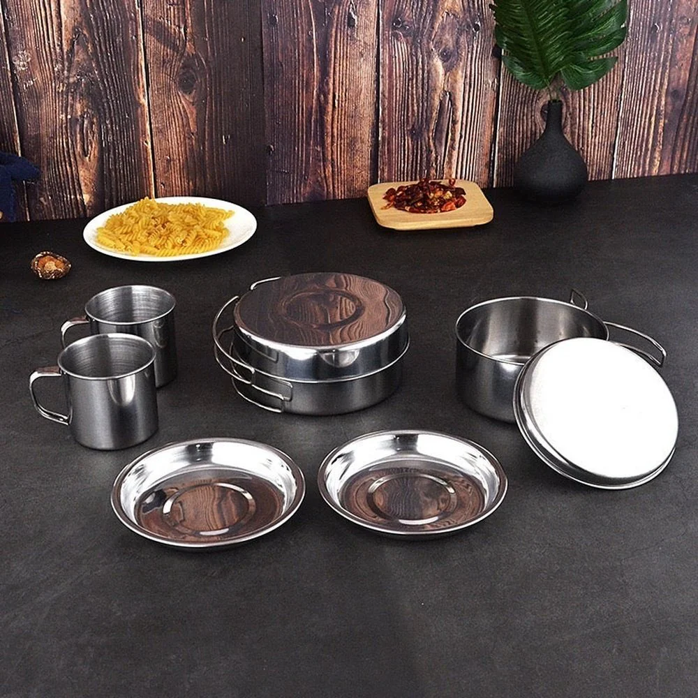 Six Pieces Stainless Steel Lunch Box Set Camping Pan Set CW-304 Portable Comes With Storage Bag - Image 6