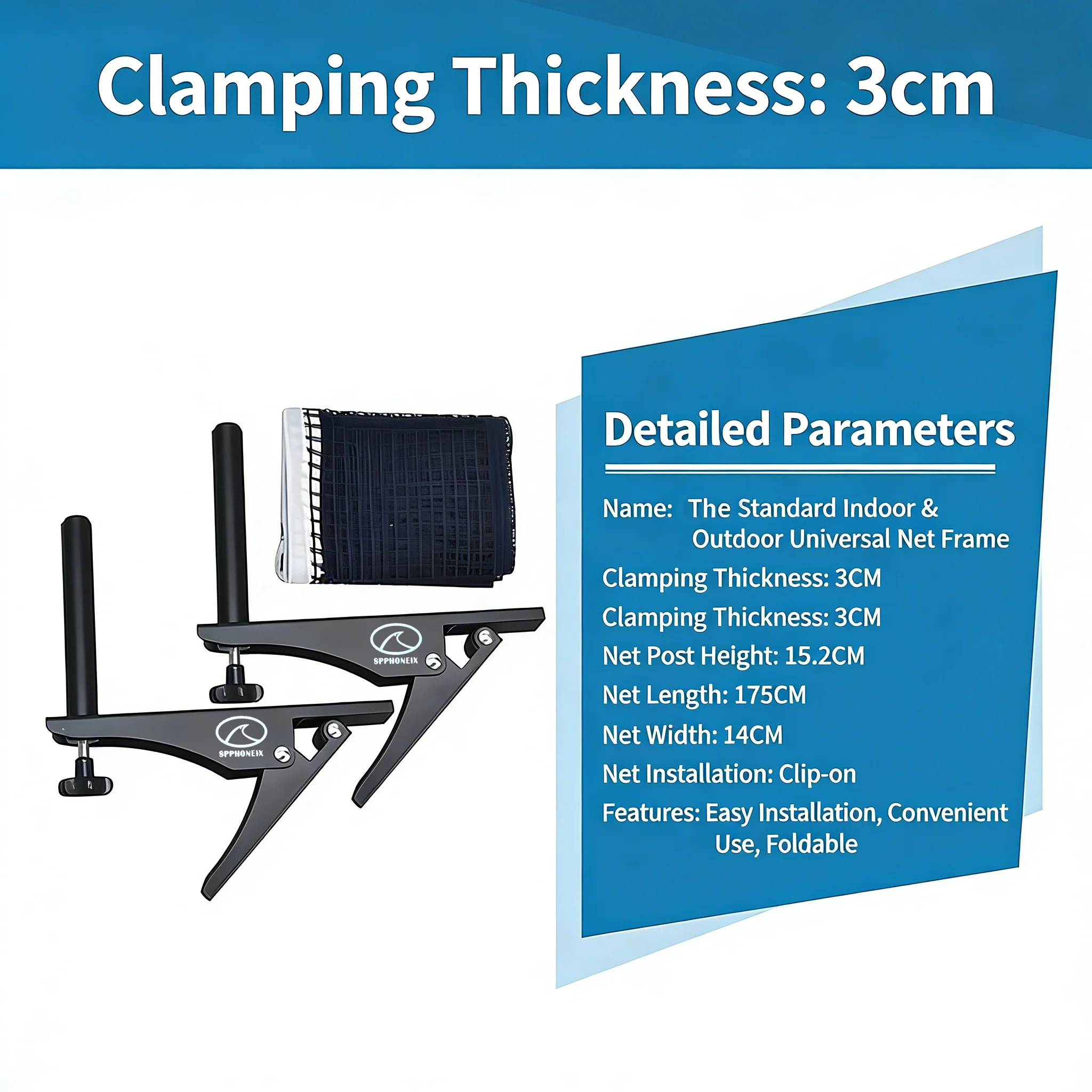 SPPHONEIX  Elite Clip Table Tennis Net and Post Set - Image 2